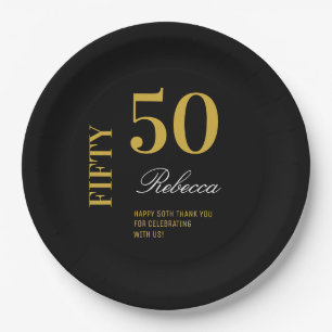 Plato De Papel Cóctel Mínimo Black & Gold 50th Birthday Party