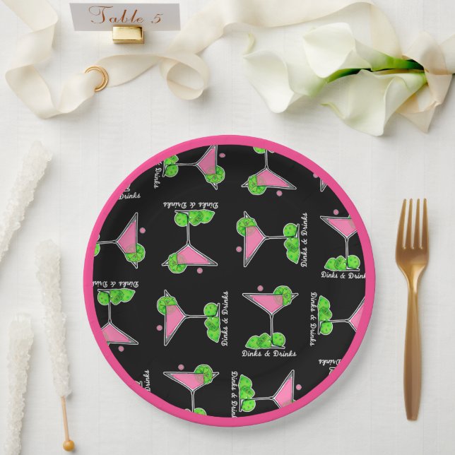 Plato De Papel Cócteles de Pickleball Dinks & Drinks Pink Cosmo (Boda)