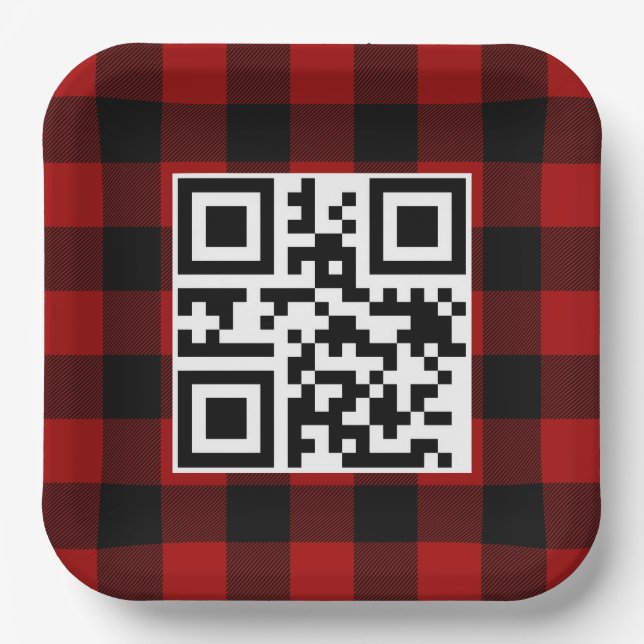 Plato De Papel Código QR de Feliz Navidad en Cuadro Búfalo (Anverso)
