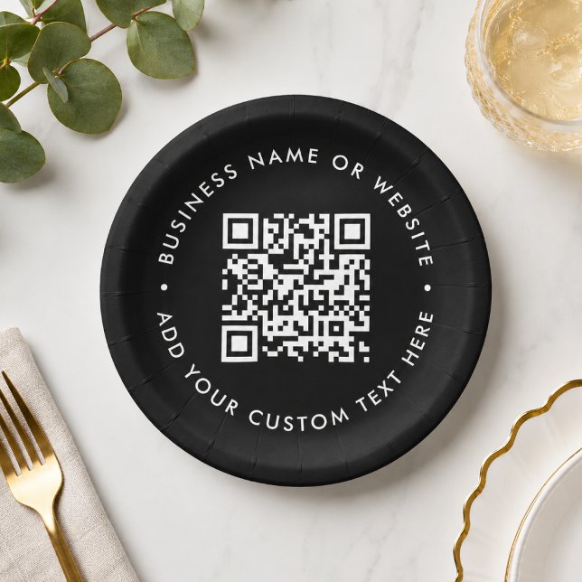 Plato De Papel Código QR | Negra y moderna actividad empresarial (Custom QR code paper plates for business events, menus, bookings, and promo tableware.)