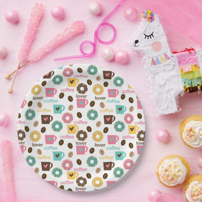 Plato De Papel Coffee and Donut Pattern  (Fiesta)