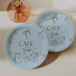 Plato De Papel Coffee Theme Blue Bow Cafe Bebe Boy Baby Shower