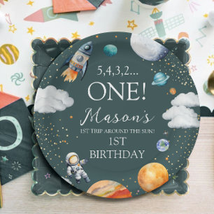 Plato De Papel Cohete del Espacio Exterior 1er Cumpleaños