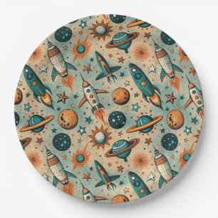 Plato De Papel Cohetes Estrellas Cósmicas Caprichosas Coral Teal
