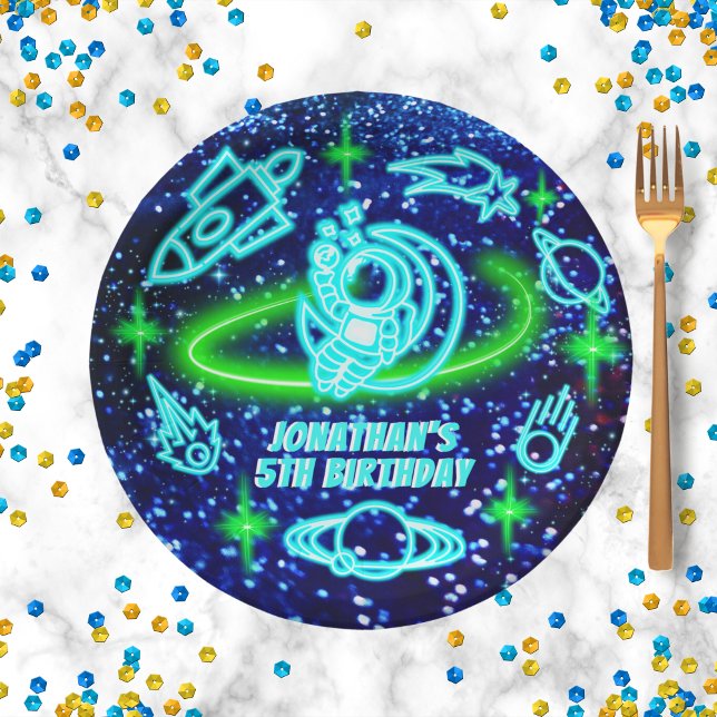 Plato De Papel Cohetes Neon GIGHT Blue Space Rocket Ship Boy's (Subido por el creador)
