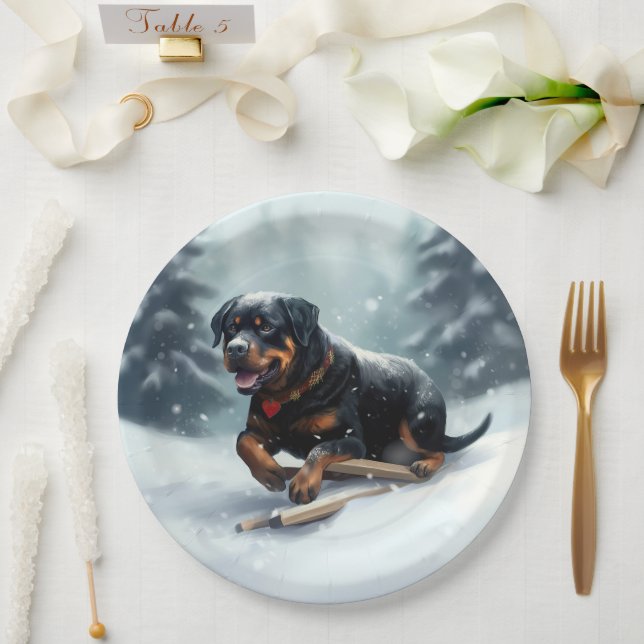 Plato De Papel Cojín decorativo de invierno de rottweiler Navidad (Boda)