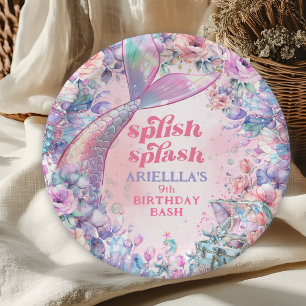 Plato De Papel Cola de sirena con brillo de flores cumpleaños 9
