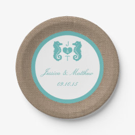 Plato De Papel Colección de Bodas Turquoise Seahorse Burlap Beach