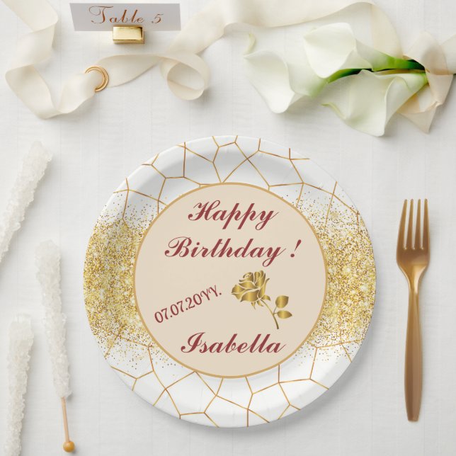 Plato De Papel Colección de vidrio emplomado blanco dorado modern (Boda)
