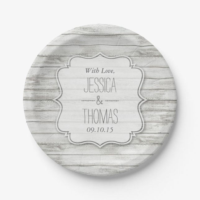 Plato De Papel Colección Nautical Whitewashed Wood Beach Wedding (Anverso)