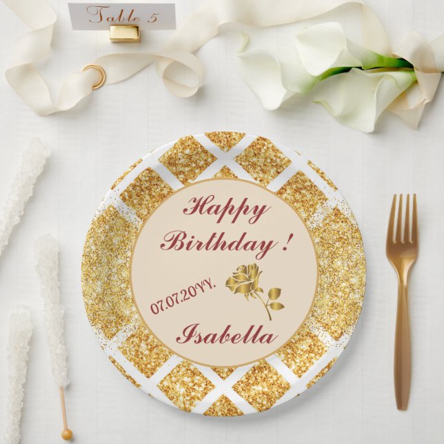 Plato De Papel Colección Popular Glitter Dorado Panal Boho (Boda)