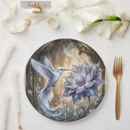 Plato De Papel Colibrí encantado y flor de luna.