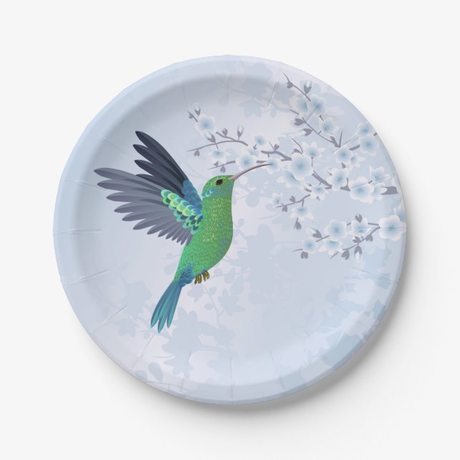 Plato De Papel Colibrí Verde Con Flor De Cerezo Azul (Anverso)