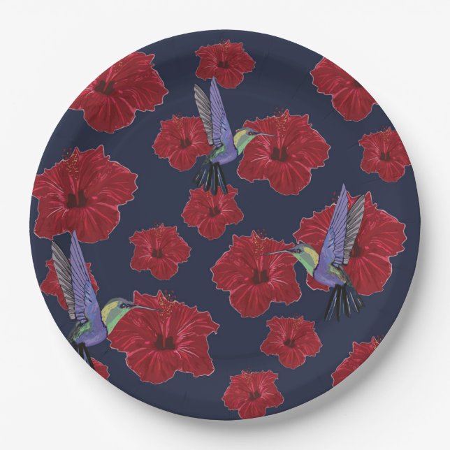 Plato De Papel Colibríes Hawaii Flores rojas (Anverso)