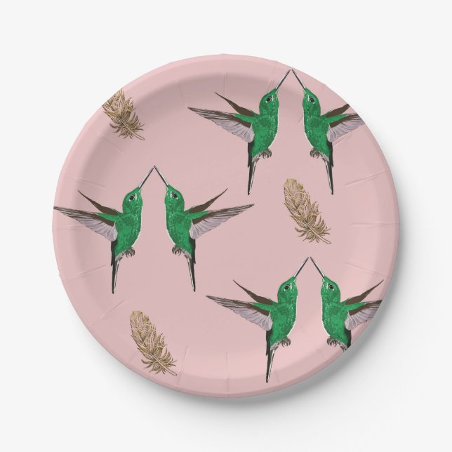 Plato De Papel Colibríes Plumas doradas (Anverso)