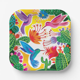 Plato De Papel Colibríes y Cactus en Flor