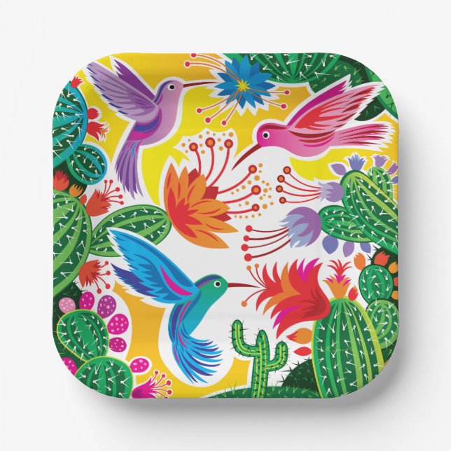 Plato De Papel Colibríes y Cactus en Flor (Anverso)
