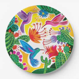 Plato De Papel Colibríes y Cactus en Flor