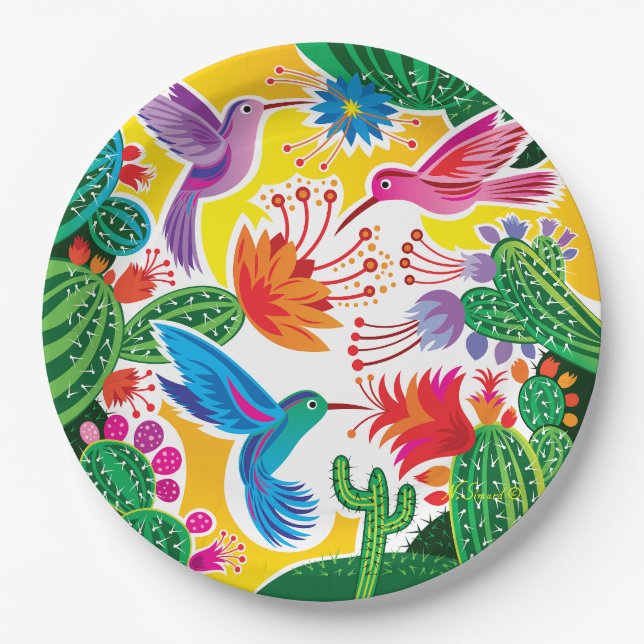 Plato De Papel Colibríes y Cactus en Flor (Anverso)