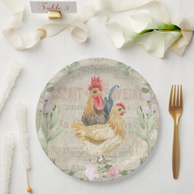 Plato De Papel Collage de cosecha - gallos y flores (Boda)