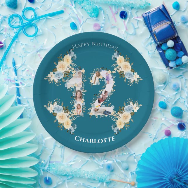 Plato De Papel Collage de cumpleaños número 12, foto verde azulad (Fiesta)