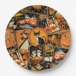 Plato De Papel Collage de diversiones Retro Vintage Halloween