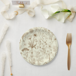 Plato De Papel Collage de flores silvestres/ beige y sepia