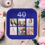 Plato De Papel Collage de fotos azul marino de cumpleaños<br><div class="desc">Para una fiesta de cumpleaños número 40 (o de cualquier edad),  celebrando su vida con un collage de 6 de sus propias fotos. Personalice y agregue un nombre,  edad 40 y fecha. Fecha de nacimiento o fecha del fiesta. Fondo azul marino.</div>