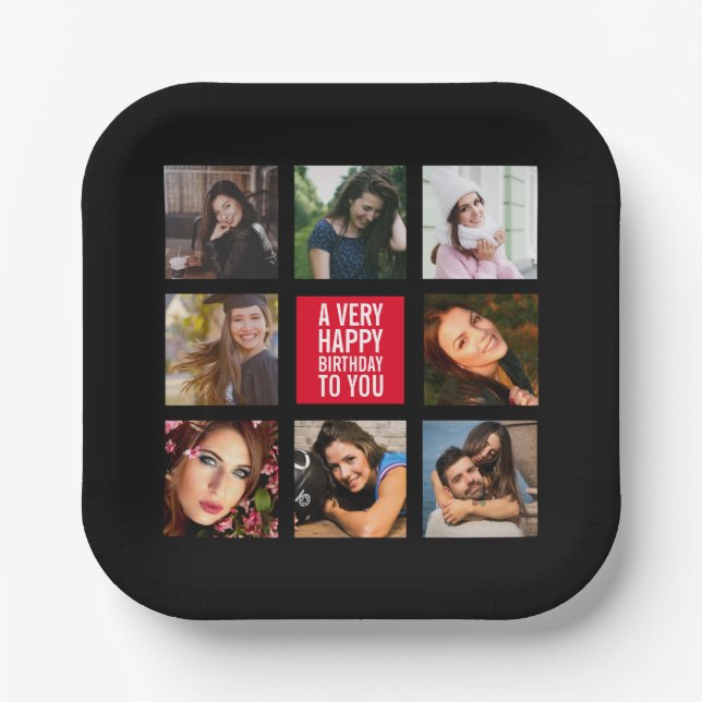 Plato De Papel Collage de fotos de cumpleaños negro y rojo (Anverso)