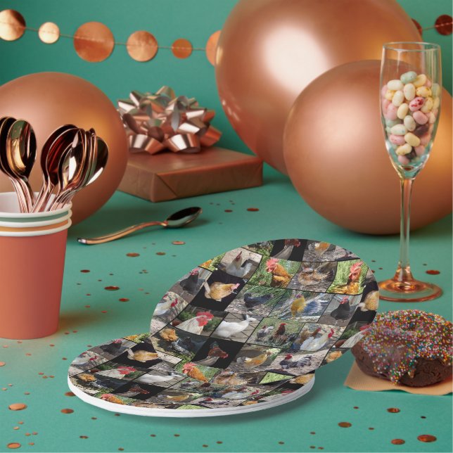 Plato De Papel Collage de fotos de gallinas y gallos,  (Multi)