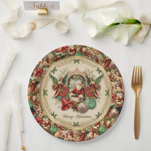 Plato De Papel Collage navideño victoriano vibrante (Boda)