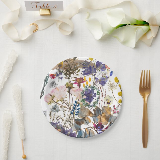 Plato De Papel Collage romántico de flores silvestres (Boda)
