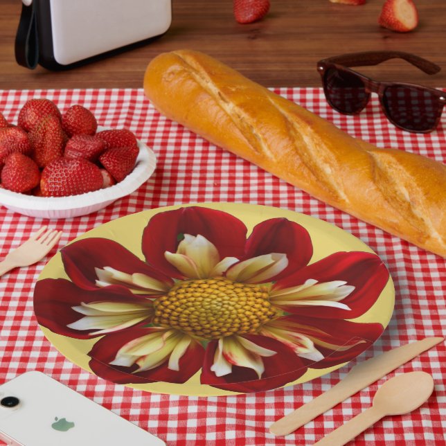 Plato De Papel Collarette roja Dahlia sobre floral amarilla (Picnic)