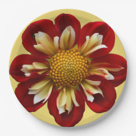 Plato De Papel Collarette roja Dahlia sobre floral amarilla