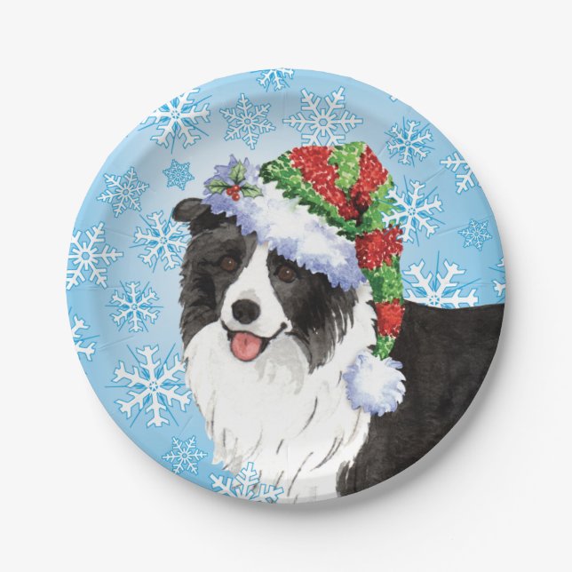Plato De Papel Collie de frontera Navidades (Anverso)
