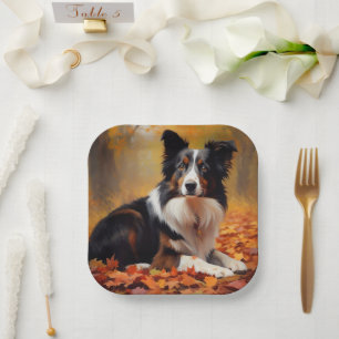 Plato De Papel Collie fronteriza en otoño e inspira la caída