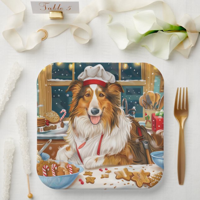 Plato De Papel Collie Holiday Baking: Navidades festivos (Boda)