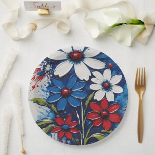 Plato De Papel Color Blanco Rojo Y Azul Daisies Floral