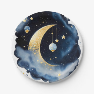 Plato De Papel Color de agua celeste de Baby Shower Moon & Stars