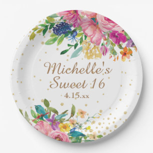 Plato De Papel Color de agua rosa Floral Dorado Purpurina Dulce 1