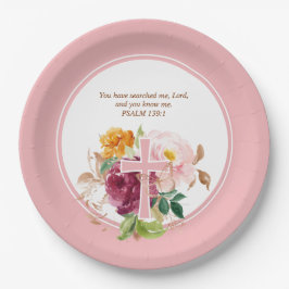 Plato De Papel Color de agua rosa Floral y biblia cruzada Verso