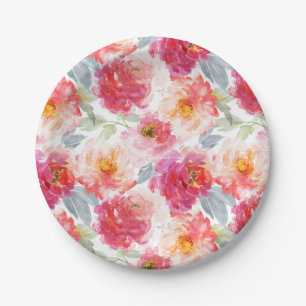 Plato De Papel Color de agua rosa Peony Flower Pattern