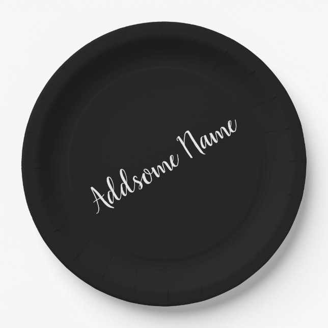 Plato De Papel Color sólido moderno básico negro monogramado (Anverso)