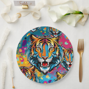 Plato De Papel Colores de arcoíris de cabeza de tigre pintan manc