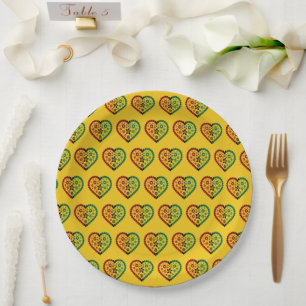 Plato De Papel Colores de Kinara verde rojo, corazones felices kw