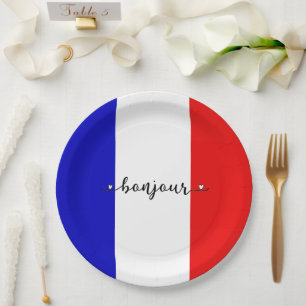 Plato De Papel Colores de la bandera francesa Bonjour