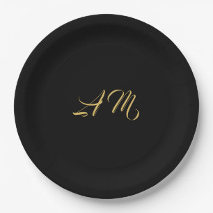 Plato De Papel Colores de oro negro monograma caligrafía inicial
