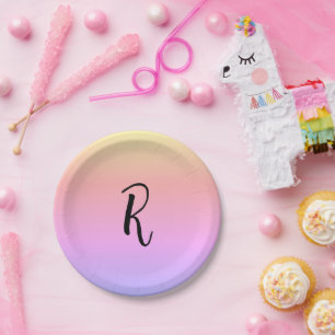 Plato De Papel Colores del arcoiris monograma Personalizados