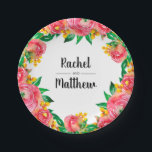 Plato De Papel Colores vivos de color rosa caliente y amarillo fl<br><div class="desc">Flores rosadas calientes vibrantes, brotes amarillos y hojas verdes acuarela sus nombres con letras de moda. Cambiar o borrar la redacción para usar en duchas de novias, fiestas de jardín, recepciones de bodas o cualquier evento especial. **SUGERENCIA: Haga clic en el botón PERSONALIZAR (o en el enlace adicional del personalizar...</div>