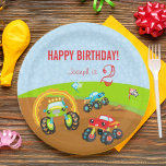 Plato De Papel Colorful Birthday Boy Monster Trucks with Name Age<br><div class="desc">Celebrate your little boy's big day with this cute custom kids birthday paper plate that has three colorful monster trucks. There is a green monster truck driving through a ring of fire, a red monster truck watching, and a blue monster truck jumping over a dirt pile. There are also checkered...</div>
